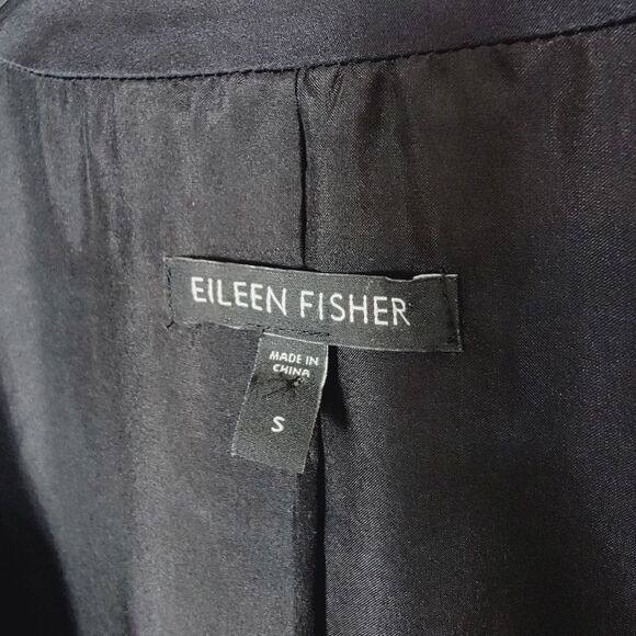 Eileen Fisher 100% Silk Chiffon Drape Front Blazer Leather Trim Black Small - Picture 3 of 12